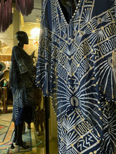 Load image into Gallery viewer, A LATE 70s ZANDRA RHODES RAYON AND SILK DRESS IN DARK BLUE, WITH V BACK.