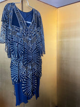 Load image into Gallery viewer, A LATE 70s ZANDRA RHODES RAYON AND SILK DRESS IN DARK BLUE, WITH V BACK.