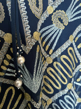 Load image into Gallery viewer, A LATE 70s ZANDRA RHODES RAYON AND SILK DRESS IN DARK BLUE, WITH V BACK.