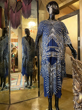 Load image into Gallery viewer, A LATE 70s ZANDRA RHODES RAYON AND SILK DRESS IN DARK BLUE, WITH V BACK.
