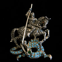 Load image into Gallery viewer, A SILVER MARCASITE ST GEORGE AND THE DRAGON BROOCH