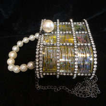 Load image into Gallery viewer, AN UNUSAL POLYTHENE AND RHINESTONE BAG WITH PEARLS