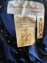 Load image into Gallery viewer, A LATE 70s ZANDRA RHODES RAYON AND SILK DRESS IN DARK BLUE, WITH V BACK.