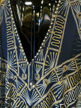 Load image into Gallery viewer, A LATE 70s ZANDRA RHODES RAYON AND SILK DRESS IN DARK BLUE, WITH V BACK.