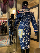 Load image into Gallery viewer, A LATE 80s ZANDRA RHODES DENIM DRESS.