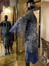 Load image into Gallery viewer, A LATE 70s ZANDRA RHODES RAYON AND SILK DRESS IN DARK BLUE, WITH V BACK.