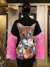 Load image into Gallery viewer, A CAT THEMED TARMAFIA TOP WITH PINK ORGANZA SLEEVES