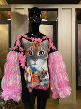 Load image into Gallery viewer, A CAT THEMED TARMAFIA TOP WITH PINK ORGANZA SLEEVES