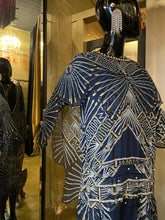 Load image into Gallery viewer, A LATE 70s ZANDRA RHODES RAYON AND SILK DRESS IN DARK BLUE, WITH V BACK.