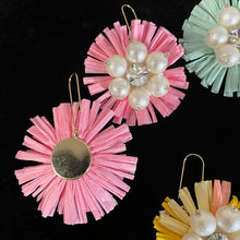 Load image into Gallery viewer, RAFFIA FLOWER EARRINGS WITH BEADED CENTRES