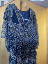 Load image into Gallery viewer, A LATE 70s ZANDRA RHODES RAYON AND SILK DRESS IN DARK BLUE, WITH V BACK.