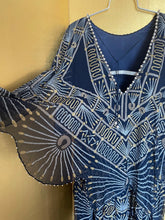 Load image into Gallery viewer, A LATE 70s ZANDRA RHODES RAYON AND SILK DRESS IN DARK BLUE, WITH V BACK.