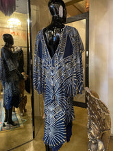 Load image into Gallery viewer, A LATE 70s ZANDRA RHODES RAYON AND SILK DRESS IN DARK BLUE, WITH V BACK.