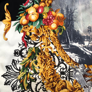 A VINTAGE 80s SCENIC CAMEO PRINT SILK SCARF BY GIANFRANCO FERRE