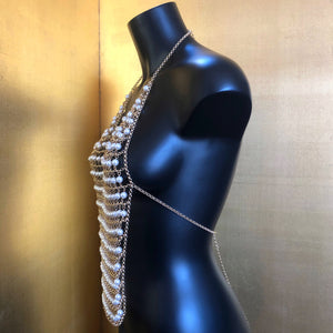 A CHAIN-MESH PEARL BACKLESS HALTER TOP