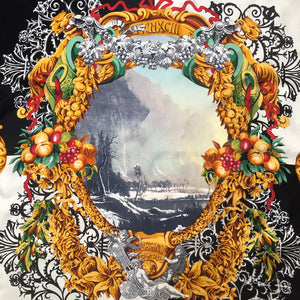 A VINTAGE 80s SCENIC CAMEO PRINT SILK SCARF BY GIANFRANCO FERRE