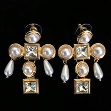 Load image into Gallery viewer, JEWEL CROSS EARRINGS WITH PEARL DANGLES
