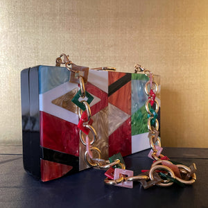 PERSPEX MOSAIC CLUTCH WITH DECORATIVE CHAIN