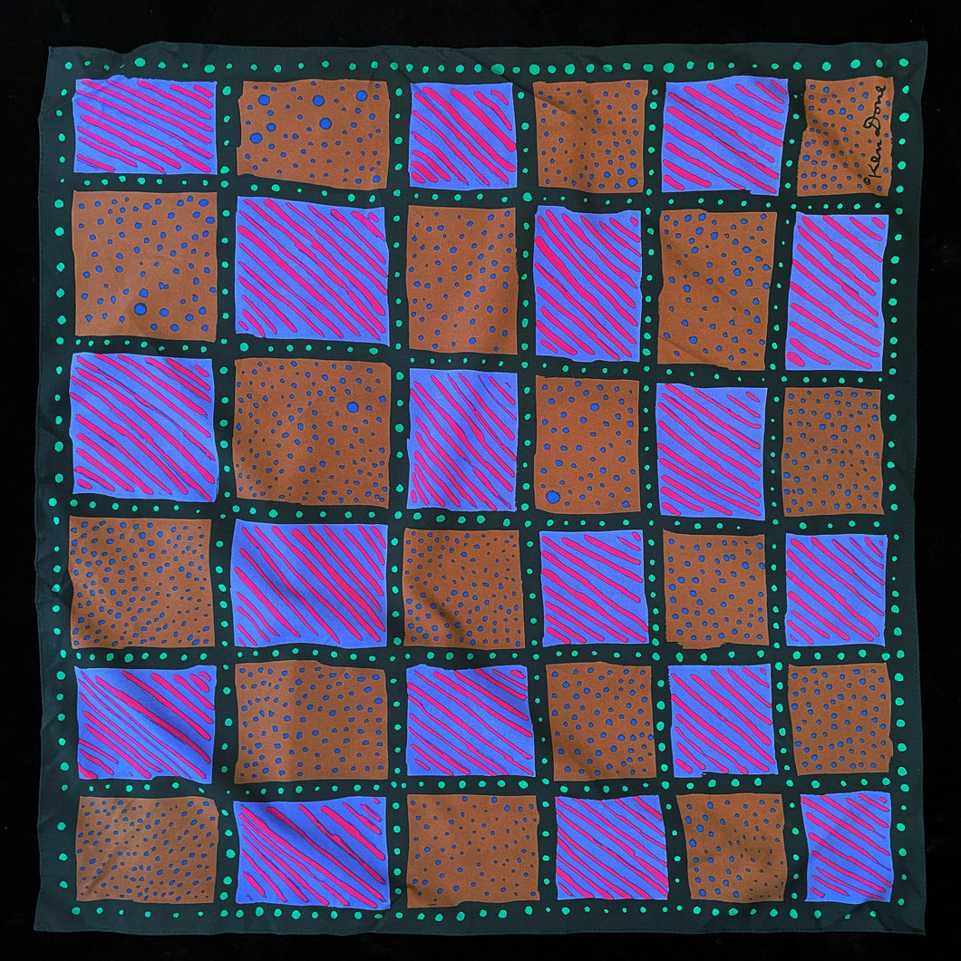 A 1980s GEOMTERIC SQUARES PRINT SCARF BY KEN DONE
