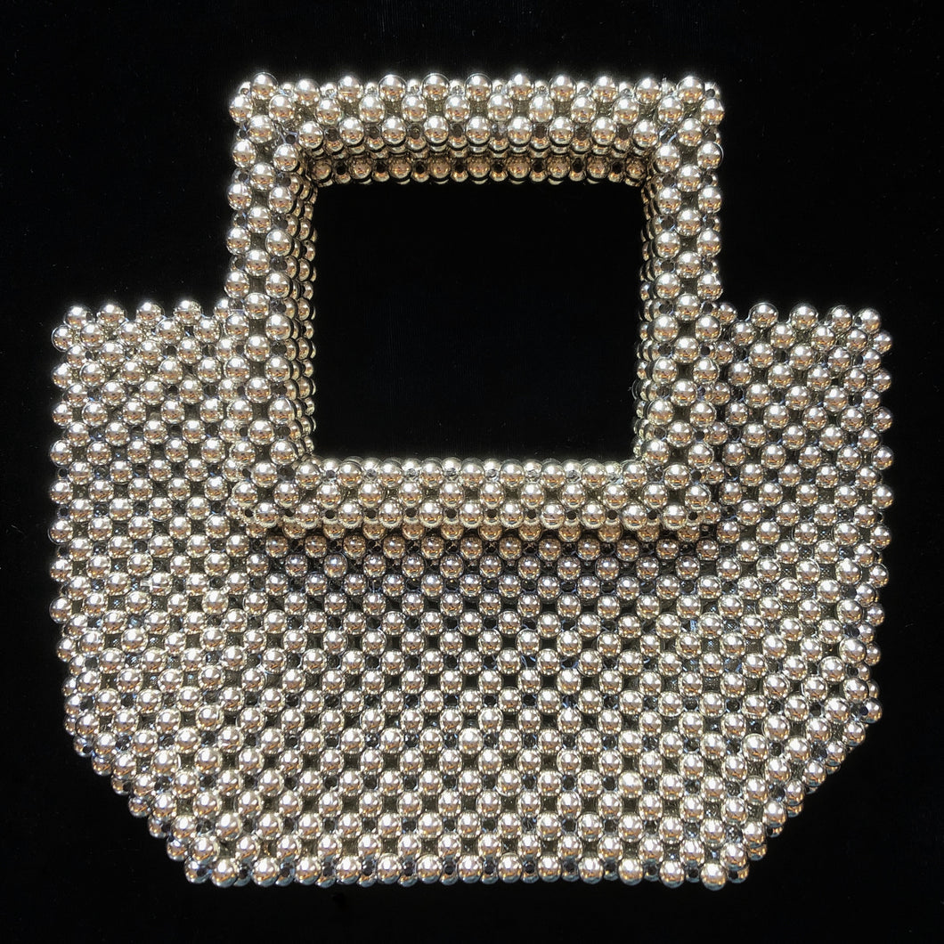 SILVER BEADED BAG WITH SQUARE HANDLE