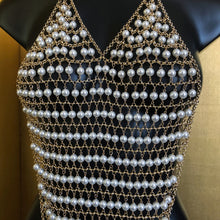 Load image into Gallery viewer, A CHAIN-MESH PEARL BACKLESS HALTER TOP
