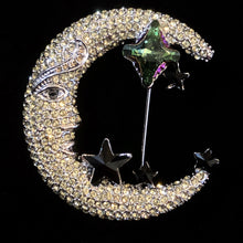 Load image into Gallery viewer, A DIAMANTÉ CRESCENT MOON BROOCH WITH STARS
