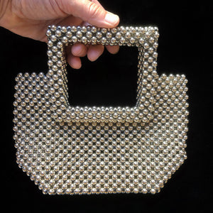 SILVER BEADED BAG WITH SQUARE HANDLE