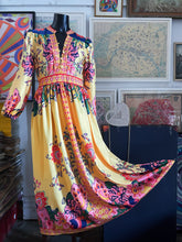 Load image into Gallery viewer, A YELLOW AND PINK FLORAL-ORNAMENT PRINT MAXI DRESS.
