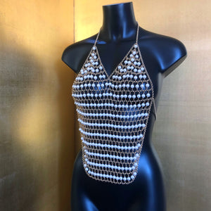 A CHAIN-MESH PEARL BACKLESS HALTER TOP