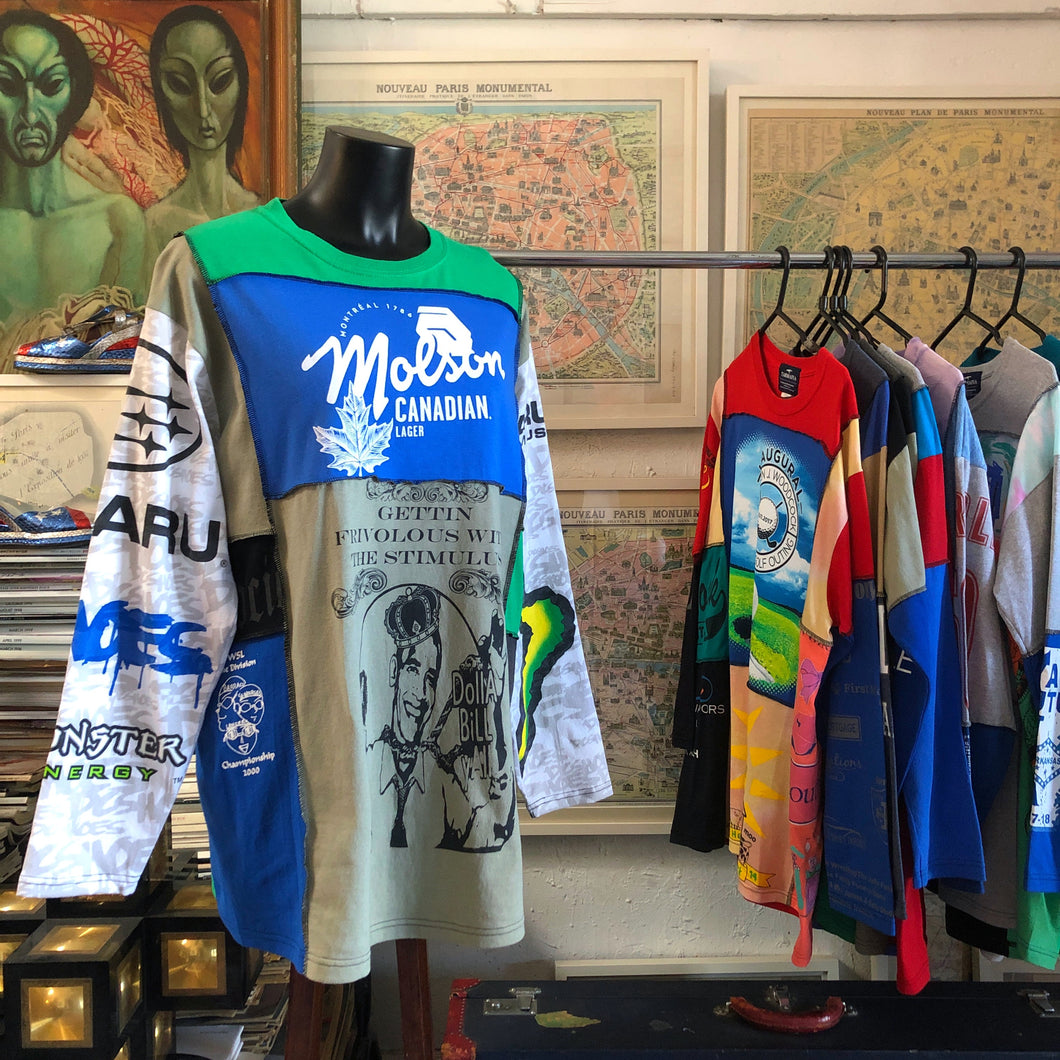 A PATCHWORK TARMAFIA TEE IN BLUES AND GREENS