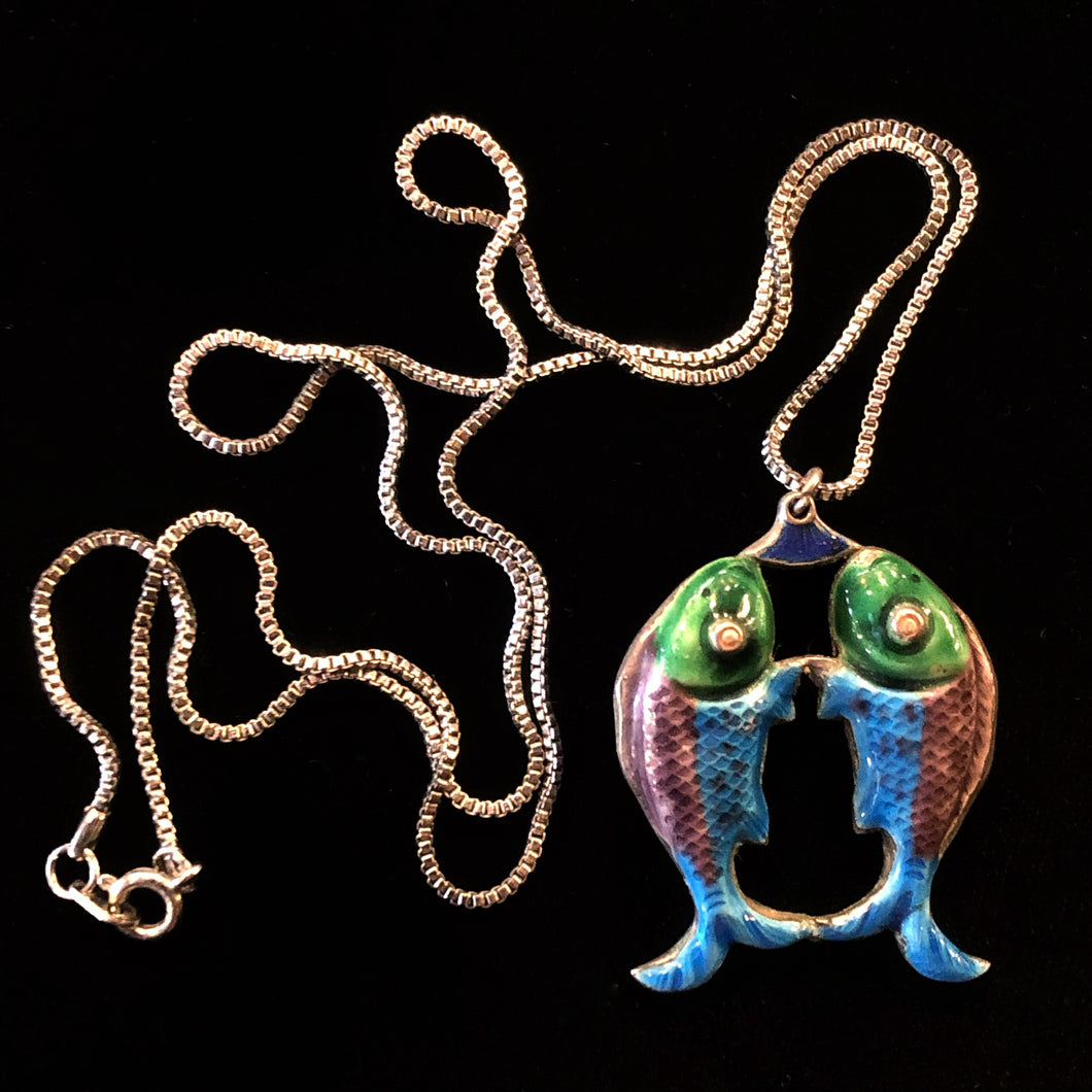 SILVER ENAMELLED VINTAGE TWIN FISH NECKLACE