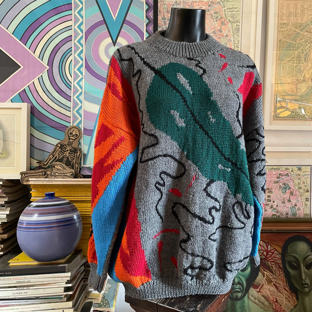 A 1980s STYLISED GUM LEAF HAND KNIT JUMPER BY JENNY KEE
