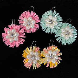 RAFFIA FLOWER EARRINGS WITH BEADED CENTRES