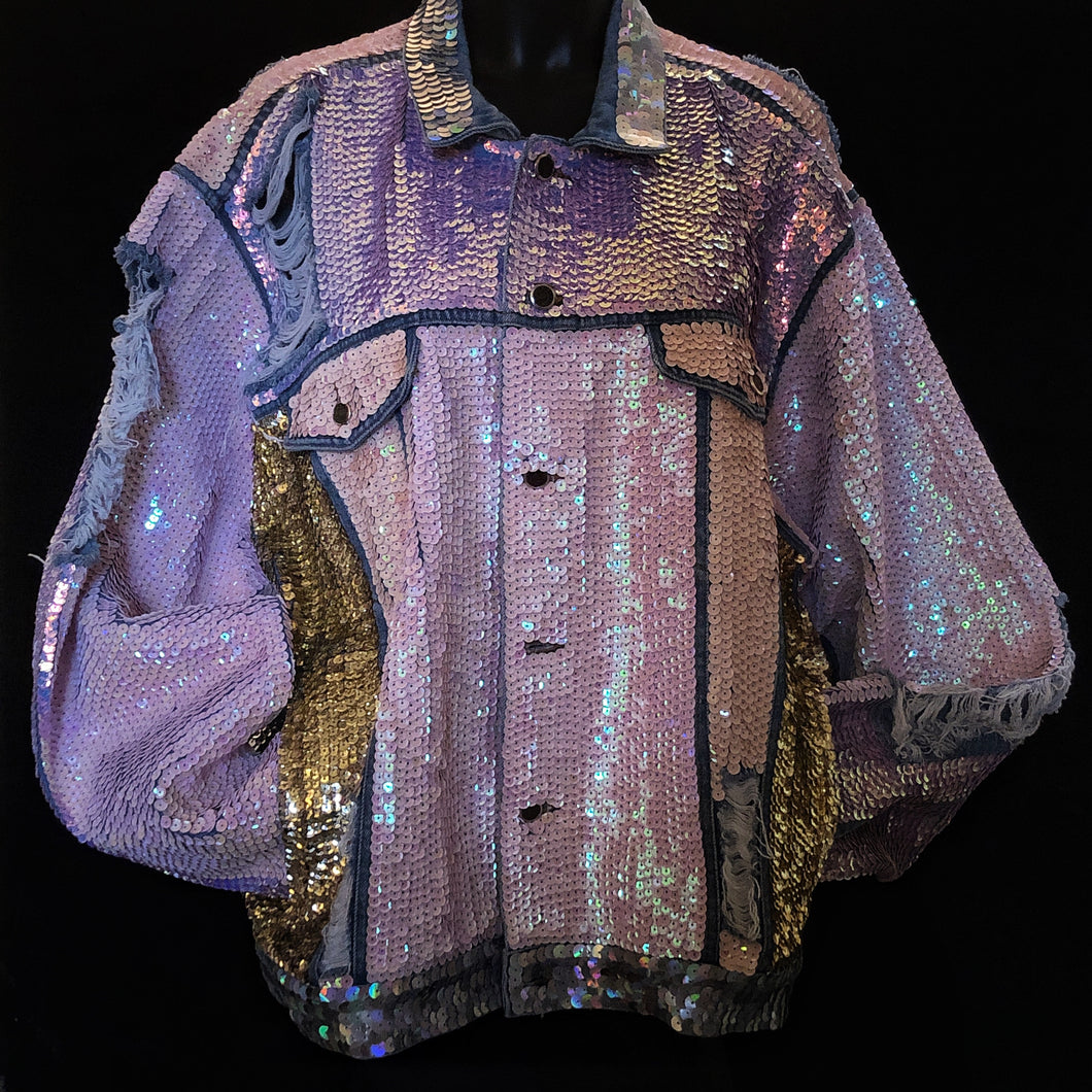 A LARGE SIZE TARMAFIA HAND SEQUINNED JACKET IN PALE COLOURS